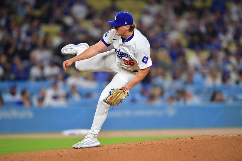 Sep 24, 2024; Los Angeles, California, USA; Los Angeles Dodgers pitcher Landon Knack (96) throws against the San Diego Padres during the first inning at Dodger Stadium. Mandatory Credit: Gary A. Vasquez-Imagn Images