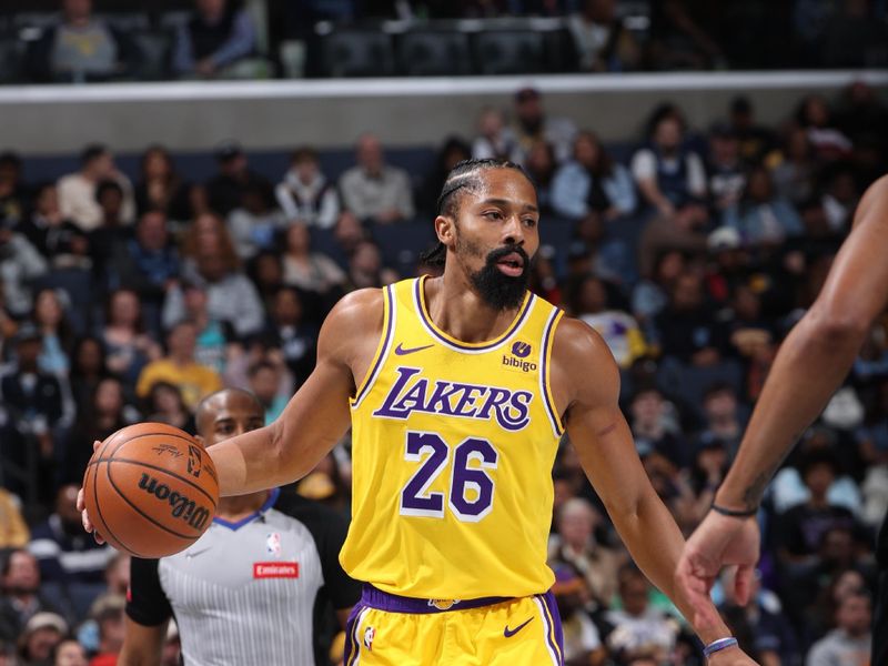 MEMPHIS, TN - MARCH 27: Spencer Dinwiddie #26 of the Los Angeles Lakers handles the ball during the game against the Memphis Grizzlies on March 27, 2024 at FedExForum in Memphis, Tennessee. NOTE TO USER: User expressly acknowledges and agrees that, by downloading and or using this photograph, User is consenting to the terms and conditions of the Getty Images License Agreement. Mandatory Copyright Notice: Copyright 2024 NBAE (Photo by Joe Murphy/NBAE via Getty Images)