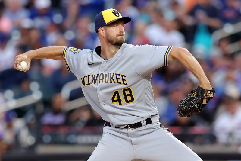 Jun 26, 2023; New York City, New York, USA; Milwaukee Brewers starting pitcher Colin Rea (48) pitches against the New York Mets during the third inning at Citi Field. Mandatory Credit: Brad Penner-USA TODAY Sports