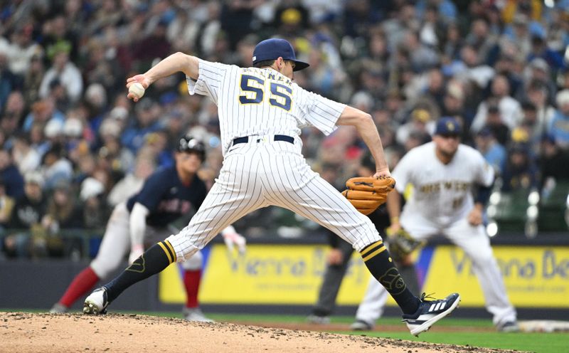 Apr 23, 2023; Milwaukee, Wisconsin, USA; Milwaukee Brewers relief pitcher Hoby Milner (55) delivers against the Boston Red Sox during the seventh inning at American Family Field. Mandatory Credit: Michael McLoone-USA TODAY Sports