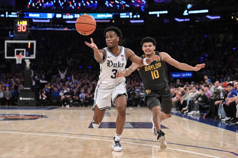 Dec 20, 2023; New York, New York, USA; Duke Blue Devils guard Jeremy Roach (3) chases down a pass as Baylor Bears guard RayJ Dennis (10) defends during the first half at Madison Square Garden. Mandatory Credit: John Jones-USA TODAY Sports