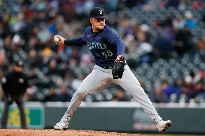 Apr 20, 2024; Denver, Colorado, USA; Seattle Mariners starting pitcher Luis Castillo (58) pitches in the second inning against the Colorado Rockies at Coors Field. Mandatory Credit: Isaiah J. Downing-USA TODAY Sports