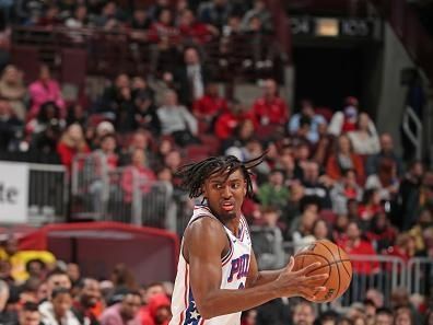 CHICAGO, IL - DECEMBER 30: Tyrese Maxey #0 of the Philadelphia 76ers handles the ball during the game against the Chicago Bulls on December 30, 2023 at United Center in Chicago, Illinois. NOTE TO USER: User expressly acknowledges and agrees that, by downloading and or using this photograph, User is consenting to the terms and conditions of the Getty Images License Agreement. Mandatory Copyright Notice: Copyright 2023 NBAE (Photo by Gary Dineen/NBAE via Getty Images)