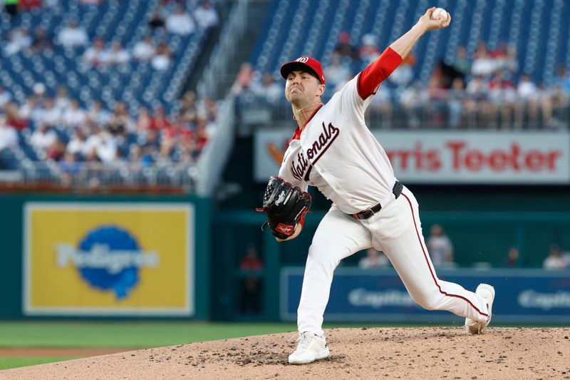 Sep 10, 2024; Washington, District of Columbia, USA; Washington Nationals starting pitcher MacKenzie Gore (1) pitches against the Atlanta Braves during the second inning at Nationals Park. Mandatory Credit: Geoff Burke-Imagn Images