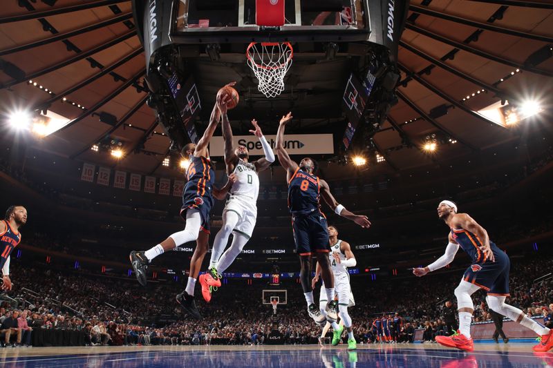 NEW YORK, NY - NOVEMBER 8: Damian Lillard #0 of the Milwaukee Bucks drives to the basket during the game against the New York Knicks on November 8, 2024 at Madison Square Garden in New York City, New York.  NOTE TO USER: User expressly acknowledges and agrees that, by downloading and or using this photograph, User is consenting to the terms and conditions of the Getty Images License Agreement. Mandatory Copyright Notice: Copyright 2024 NBAE  (Photo by Nathaniel S. Butler/NBAE via Getty Images)