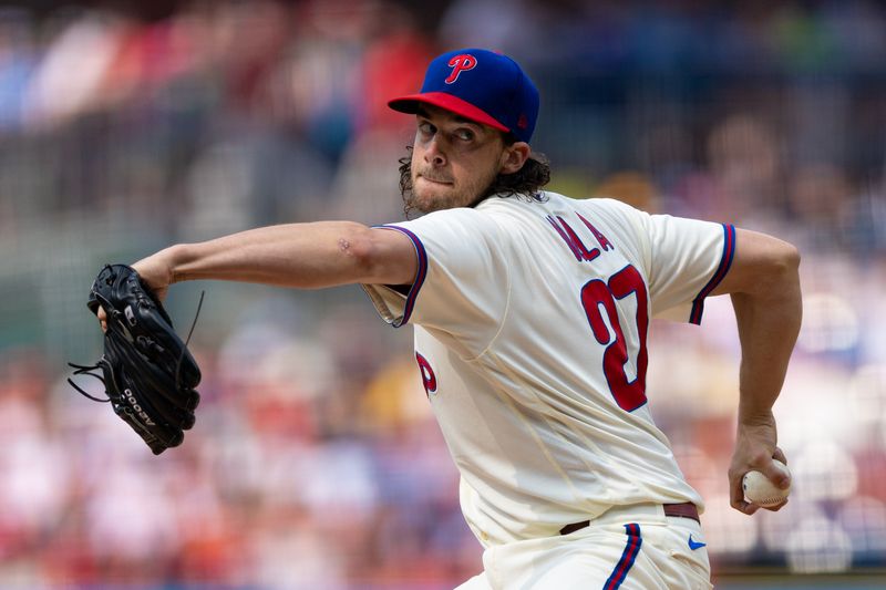 Jun 10, 2023; Philadelphia, Pennsylvania, USA; Philadelphia Phillies starting pitcher Aaron Nola (27) throws a pitch during the second inning against the Los Angeles Dodgers at Citizens Bank Park. Mandatory Credit: Bill Streicher-USA TODAY Sports