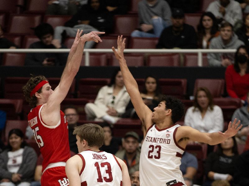 Jan 14, 2024; Stanford, California, USA; Utah Utes center Branden Carlson (35) shoots over Stanford Cardinal forward Brandon Angel (23) during the second half at Maples Pavilion. Mandatory Credit: D. Ross Cameron-USA TODAY Sports