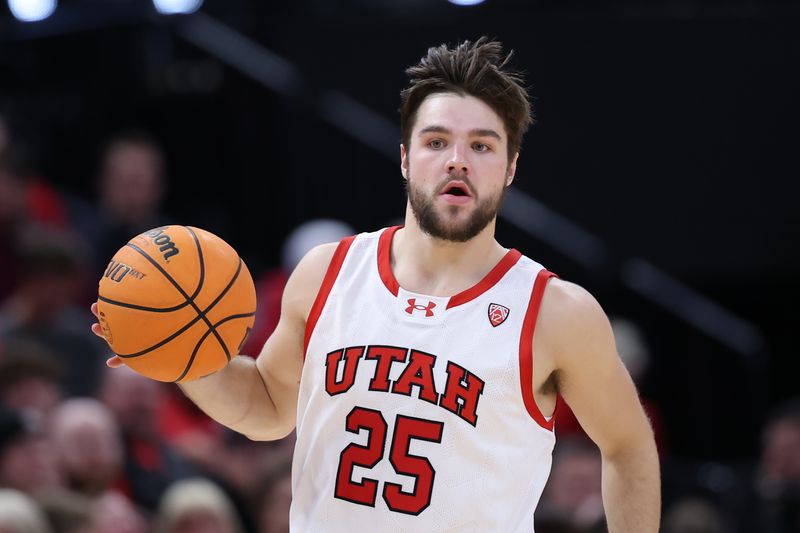 Nov 30, 2023; Salt Lake City, Utah, USA; Utah Utes guard Rollie Worster (25) brings the ball up the court against the Hawaii Warriors during the second half at Delta Center. Mandatory Credit: Rob Gray-USA TODAY Sports