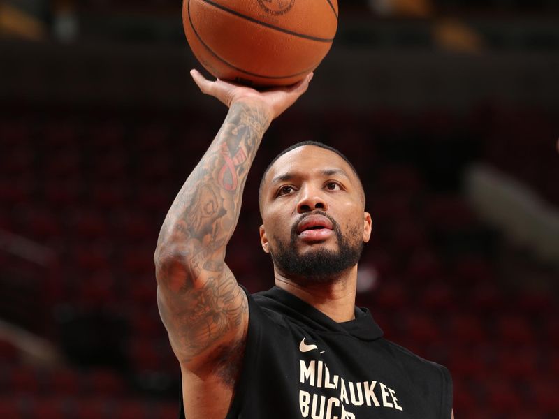 CHICAGO, IL - MARCH 1: Damian Lillard #0 of the Milwaukee Bucks warms up before the game against the Chicago Bulls on March 1, 2024 at United Center in Chicago, Illinois. NOTE TO USER: User expressly acknowledges and agrees that, by downloading and or using this photograph, User is consenting to the terms and conditions of the Getty Images License Agreement. Mandatory Copyright Notice: Copyright 2024 NBAE (Photo by Gary Dineen/NBAE via Getty Images)