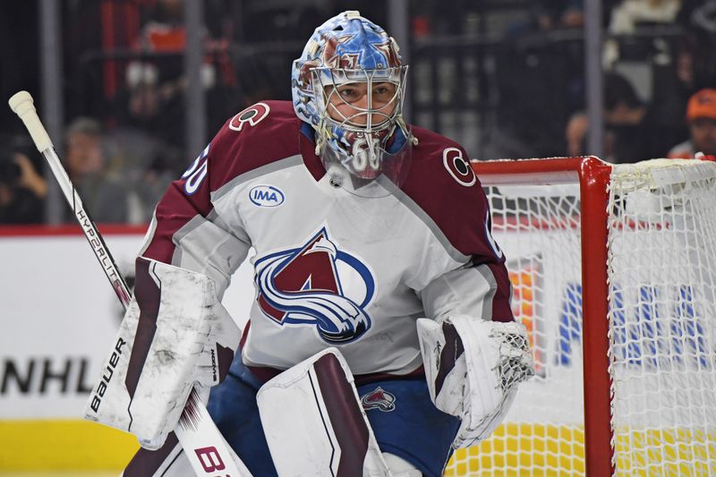 Nov 18, 2024; Philadelphia, Pennsylvania, USA; Colorado Avalanche goaltender Justus Annunen (60) against the Philadelphia Flyers during the first period at Wells Fargo Center. Mandatory Credit: Eric Hartline-Imagn Images