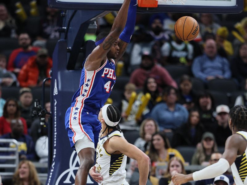 INDIANAPOLIS, INDIANA - JANUARY 25: Paul Reed #44 of the Philadelphia 76ers dunks the ballagainst the Indiana Pacers at Gainbridge Fieldhouse on January 25, 2024 in Indianapolis, Indiana.    NOTE TO USER: User expressly acknowledges and agrees that, by downloading and or using this photograph, User is consenting to the terms and conditions of the Getty Images License Agreement.  (Photo by Andy Lyons/Getty Images)