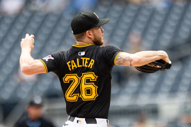 May 5, 2024; Pittsburgh, Pennsylvania, USA; Pittsburgh Pirates starting pitcher Bailey Falter (26) starts the game off with the first pitch against the Colorado Rockies at PNC Park. Mandatory Credit: Scott Galvin-USA TODAY Sports