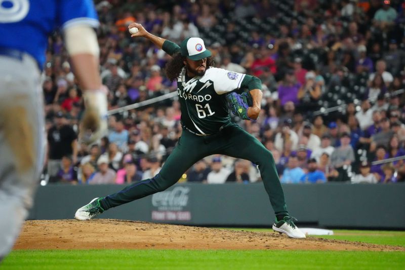 Sep 2, 2023; Denver, Colorado, USA; Colorado Rockies relief pitcher Justin Lawrence (61) delivers a pitch in the ninth inning against the Toronto Blue Jays at Coors Field. Mandatory Credit: Ron Chenoy-USA TODAY Sports