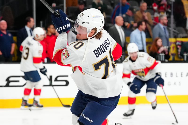 Jan 26, 2025; Las Vegas, Nevada, USA; Florida Panthers center Jesper Boqvist (70) warms up before a game against the Vegas Golden Knights at T-Mobile Arena. Mandatory Credit: Stephen R. Sylvanie-Imagn Images