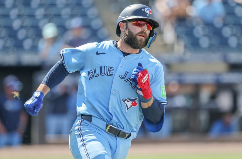 May 25, 2025; St. Petersburg, Florida, USA;  Toronto Blue Jays second base Michael Stefanic (16) singles during the ninth inning against the Tampa Bay Rays at George M. Steinbrenner Field. Mandatory Credit: Kim Klement Neitzel-Imagn Images