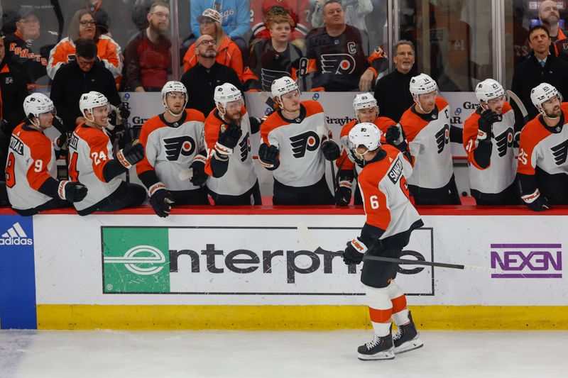 Feb 21, 2024; Chicago, Illinois, USA; Philadelphia Flyers defenseman Travis Sanheim (6) celebrates with teammates after scoring against the Chicago Blackhawks during the first period at United Center. Mandatory Credit: Kamil Krzaczynski-USA TODAY Sports