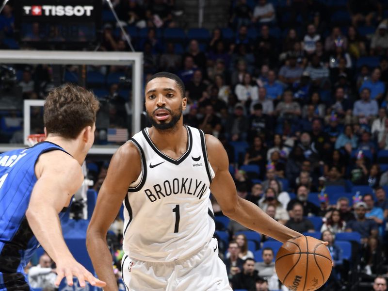 ORLANDO, FL - FEBRUARY 27: Mikal Bridges #1 of the Brooklyn Nets dribbles the ball during the game against the Orlando Magic on February 27, 2024 at the Kia Center in Orlando, Florida. NOTE TO USER: User expressly acknowledges and agrees that, by downloading and or using this photograph, User is consenting to the terms and conditions of the Getty Images License Agreement. Mandatory Copyright Notice: Copyright 2024 NBAE (Photo by Fernando Medina/NBAE via Getty Images)