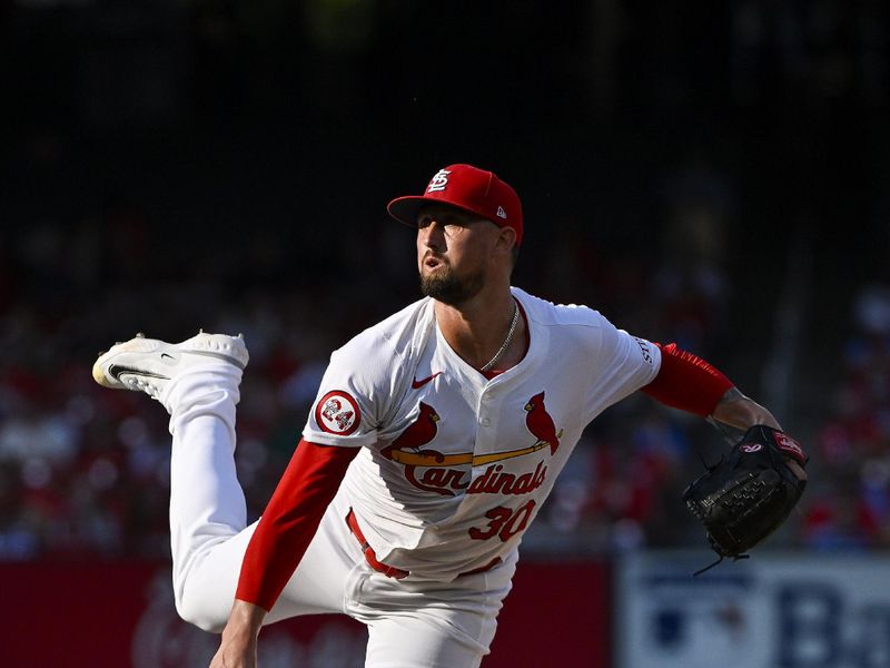 Aug 5, 2024; St. Louis, Missouri, USA;  St. Louis Cardinals relief pitcher Shawn Armstrong (30) pitches against the New York Mets during the sixth inning at Busch Stadium. Mandatory Credit: Jeff Curry-USA TODAY Sports