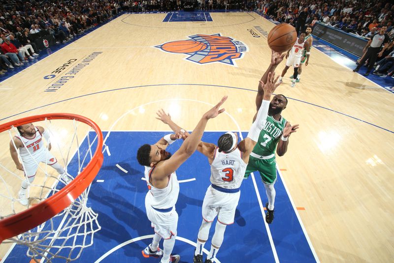 NEW YORK, NY - May 10:    Jaylen Brown #7 of the Boston Celtics shoots the ball during the game against the New York Knicks  during Round 2 Game 3 of the 2025 NBA Playoffs  on May 10, 2025 at Madison Square Garden in New York City, New York.  NOTE TO USER: User expressly acknowledges and agrees that, by downloading and or using this photograph, User is consenting to the terms and conditions of the Getty Images License Agreement. Mandatory Copyright Notice: Copyright 2025 NBAE  (Photo by Nathaniel S. Butler/NBAE via Getty Images)