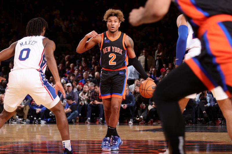 NEW YORK, NY - FEBRUARY 5: Miles McBride #2 of the New York Knicks moves the ball during the game against the Philadelphia 76ers on February 5, 2023 at Madison Square Garden in New York City, New York.  NOTE TO USER: User expressly acknowledges and agrees that, by downloading and or using this photograph, User is consenting to the terms and conditions of the Getty Images License Agreement. Mandatory Copyright Notice: Copyright 2023 NBAE  (Photo by Nathaniel S. Butler/NBAE via Getty Images)