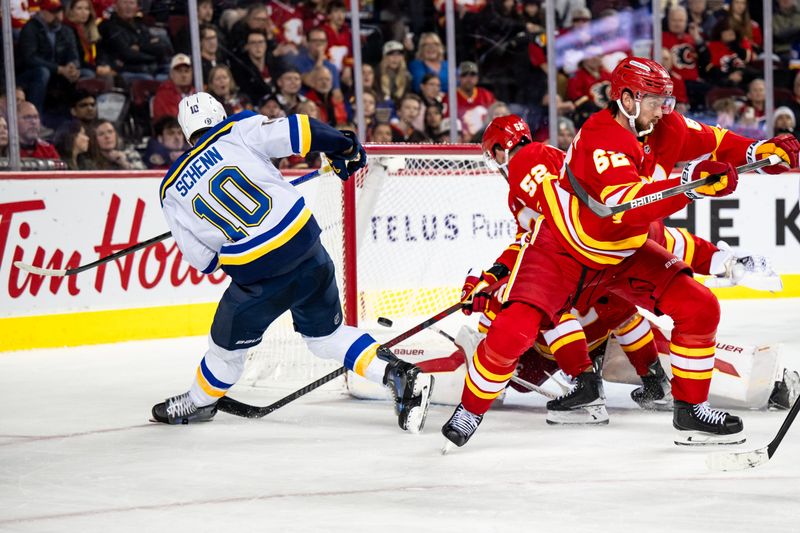 Dec 5, 2024; Calgary, Alberta, CAN; St. Louis Blues center Brayden Schenn (10) is stopped by Calgary Flames goaltender Daniel Vladar (80) during the third period at Scotiabank Saddledome. Mandatory Credit: Brett Holmes-Imagn Images