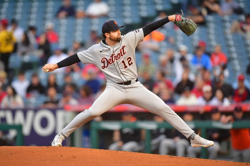 May 1, 2025; Anaheim, California, USA; Detroit Tigers pitcher Casey Mize (12) throws against the Los Angeles Angels during the first inning at Angel Stadium. Mandatory Credit: Gary A. Vasquez-Imagn Images
