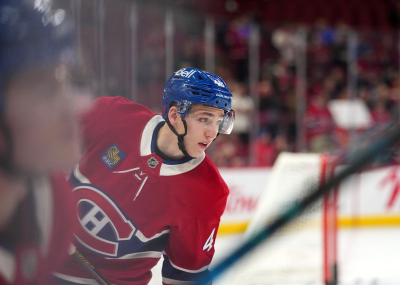 Jan 20, 2026; Montreal, Quebec, CAN; Montreal Canadiens defenseman Lane Hutson (48) skates during the warmup before the game against the Minnesota Wild at the Bell Centre. Mandatory Credit: Eric Bolte-Imagn Images