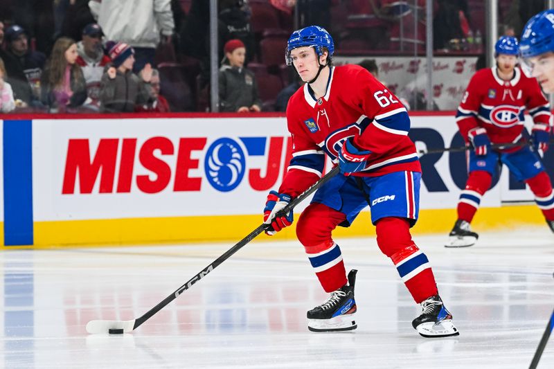 Jan 19, 2025; Montreal, Quebec, CAN; Montreal Canadiens center Owen Beck (62) skates with a puck in his first home game after being recalled form the AHL during warm-up before the game against the New York Rangers at Bell Centre. Mandatory Credit: David Kirouac-Imagn Images