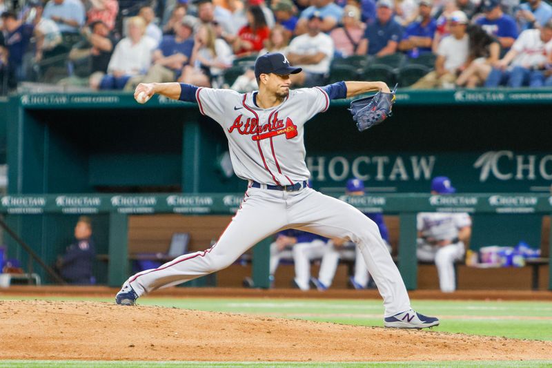 May 15, 2023; Arlington, Texas, USA; Atlanta Braves starting pitcher Charlie Morton (50) throws during the fifth inning against the Texas Rangers at Globe Life Field. Mandatory Credit: Andrew Dieb-USA TODAY Sports