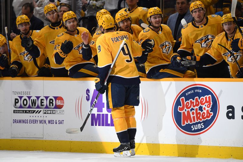 Mar 5, 2024; Nashville, Tennessee, USA; Nashville Predators left wing Filip Forsberg (9) celebrates with teammates after a goal during the first period against the Montreal Canadiens at Bridgestone Arena. Mandatory Credit: Christopher Hanewinckel-USA TODAY Sports