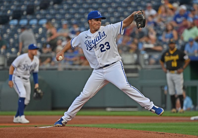 Aug 28, 2023; Kansas City, Missouri, USA;  Kansas City Royals starting pitcher Zack Greinke (23) delivers a pitch in the first inning against the Pittsburgh Pirates at Kauffman Stadium. Mandatory Credit: Peter Aiken-USA TODAY Sports