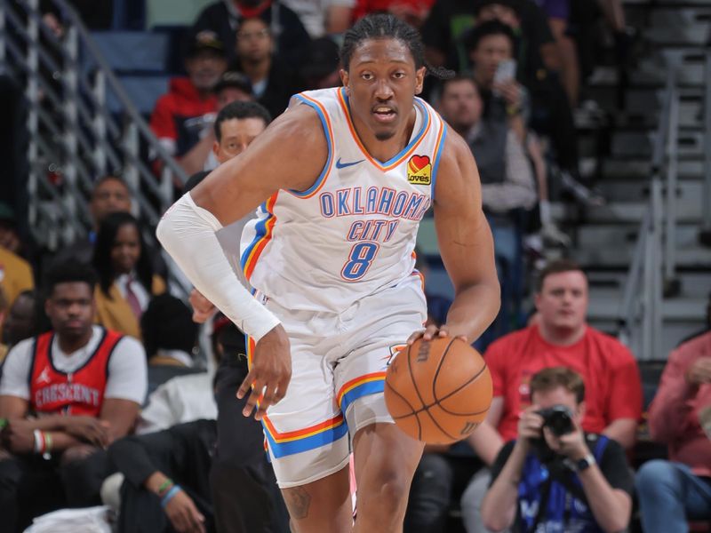 NEW ORLEANS, LA - MARCH 26: Jalen Williams #8 of the Oklahoma City Thunder handles the ball during the game  on March 26, 2024 at the Smoothie King Center in New Orleans, Louisiana. NOTE TO USER: User expressly acknowledges and agrees that, by downloading and or using this Photograph, user is consenting to the terms and conditions of the Getty Images License Agreement. Mandatory Copyright Notice: Copyright 2024 NBAE (Photo by Jonathan Bachman/NBAE via Getty Images)