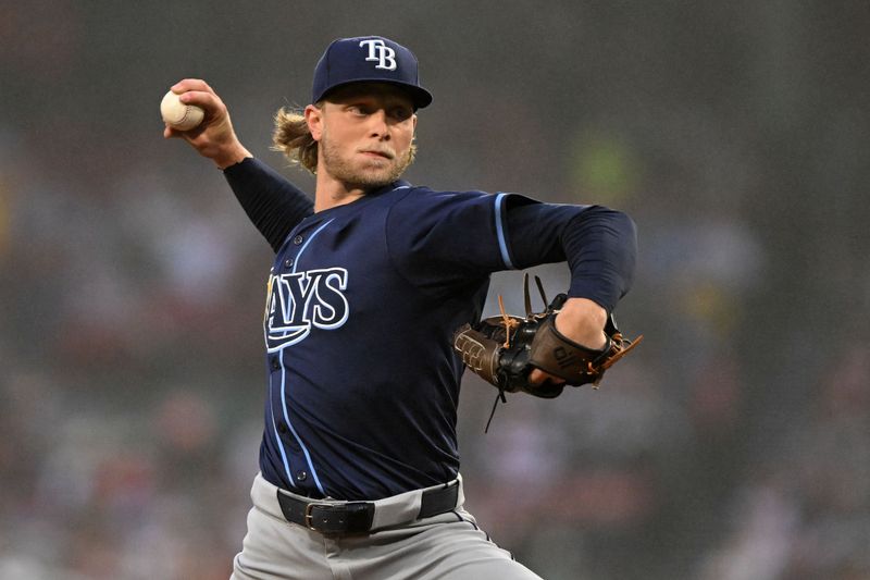 Jun 9, 2025; Boston, Massachusetts, USA; Tampa Bay Rays starting pitcher Shane Baz (11) pitches against the Boston Red Sox during the first inning at Fenway Park. Mandatory Credit: Brian Fluharty-Imagn Images