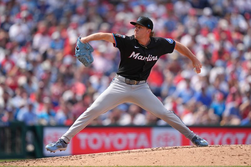 Apr 19, 2025; Philadelphia, Pennsylvania, USA; Miami Marlins relief pitcher Patrick Monteverde (44) throws a pitch against the Philadelphia Phillies in the fourth inning at Citizens Bank Park. Mandatory Credit: Kyle Ross-Imagn Images