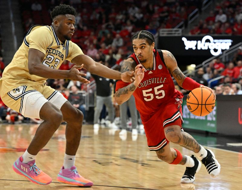 Feb 10, 2024; Louisville, Kentucky, USA; Louisville Cardinals guard Skyy Clark (55) dribbles against Georgia Tech Yellow Jackets forward Ibrahima Sacko (23) during the second half at KFC Yum! Center. Louisville defeated Georgia Tech 79-67. Mandatory Credit: Jamie Rhodes-USA TODAY Sports