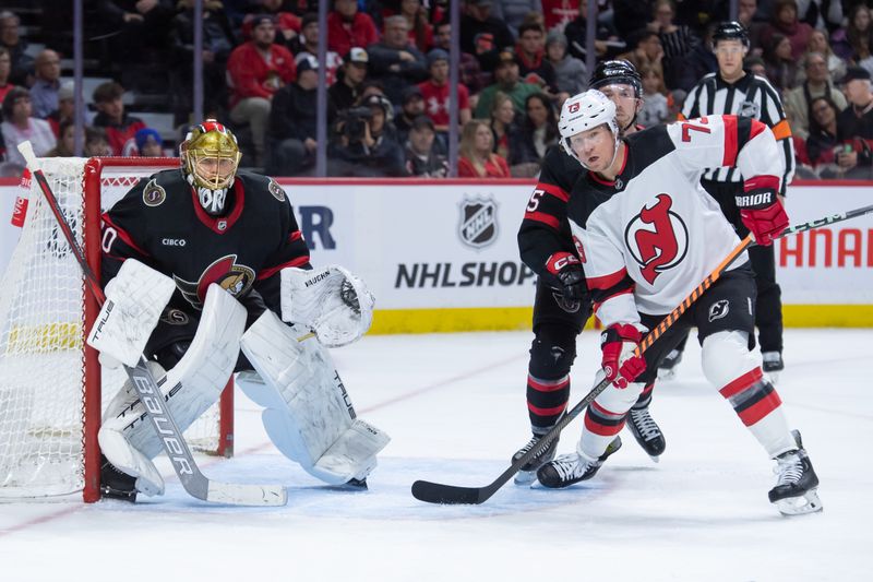 Dec 29, 2023; Ottawa, Ontario, CAN; New Jersey Devils center Tyler Toffoli (73) sets up in front of Ottawa Senators defenseman Jake Batherson (85) in the second period at the Canadian Tire Centre. Mandatory Credit: Marc DesRosiers-USA TODAY Sports