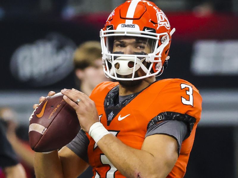 Dec 4, 2021; Arlington, TX, USA; Oklahoma State Cowboys quarterback Spencer Sanders (3) warms up before the Big 12 Conference championship game against the Baylor Bears at AT&T Stadium. Mandatory Credit: Kevin Jairaj-USA TODAY Sports