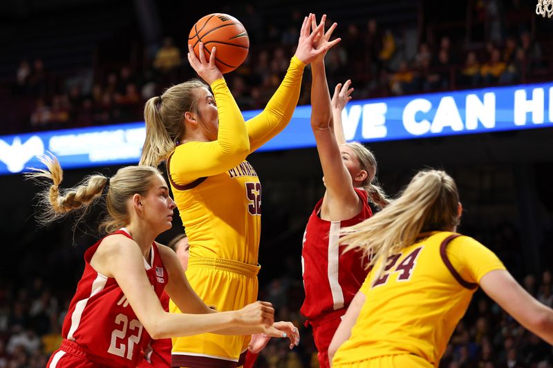 Jan 14, 2024; Minneapolis, Minnesota, USA; Minnesota Golden Gophers center Sophie Hart (52) shoots as against the Nebraska Cornhuskers during the first half at Williams Arena. Mandatory Credit: Matt Krohn-USA TODAY Sports