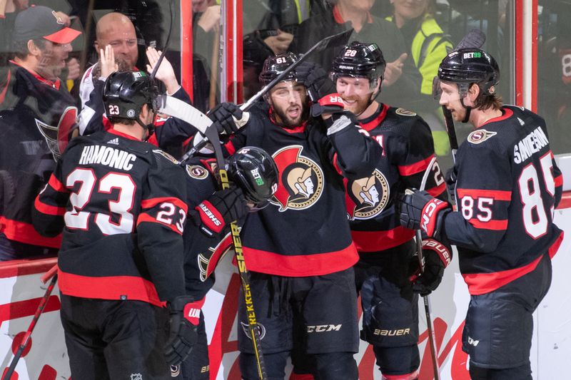 Oct 24, 2022; Ottawa, Ontario, CAN; Ottawa Senators center Derick Brassard (61) celebrates with teammates after scoring against the Dallas Stars in the third period at the Canadian Tire Centre. Mandatory Credit: Marc DesRosiers-USA TODAY Sports