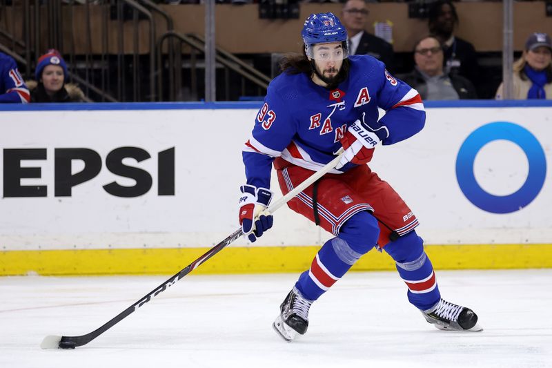 Mar 11, 2024; New York, New York, USA; New York Rangers center Mika Zibanejad (93) skates with the puck against the New Jersey Devils during the third period at Madison Square Garden. Mandatory Credit: Brad Penner-USA TODAY Sports