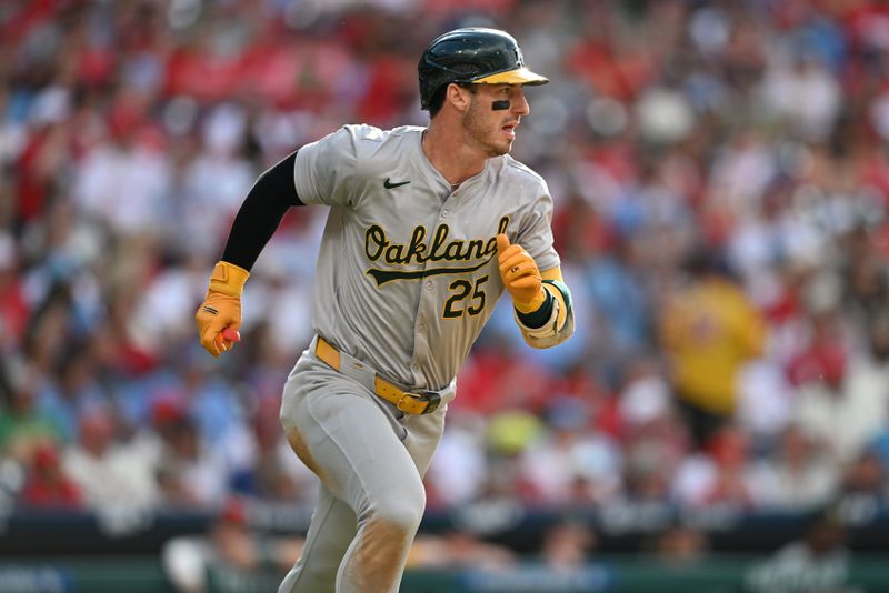 Jul 13, 2024; Philadelphia, Pennsylvania, USA; Oakland Athletics outfielder Brent Rooker (25) rounds the bases after hitting a home run against the Philadelphia Phillies in the seventh inning at Citizens Bank Park. Mandatory Credit: Kyle Ross-USA TODAY Sports