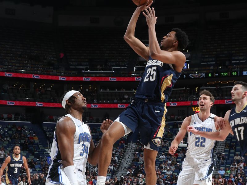 NEW ORLEANS, LA - MARCH 13:  Trey Murphy III #25 of the New Orleans Pelicans shoots the ball during the game against the Orlando Magic on March 13, 2025 at the Smoothie King Center in New Orleans, Louisiana. NOTE TO USER: User expressly acknowledges and agrees that, by downloading and or using this Photograph, user is consenting to the terms and conditions of the Getty Images License Agreement. Mandatory Copyright Notice: Copyright 2025 NBAE (Photo by Layne Murdoch Jr./NBAE via Getty Images)
