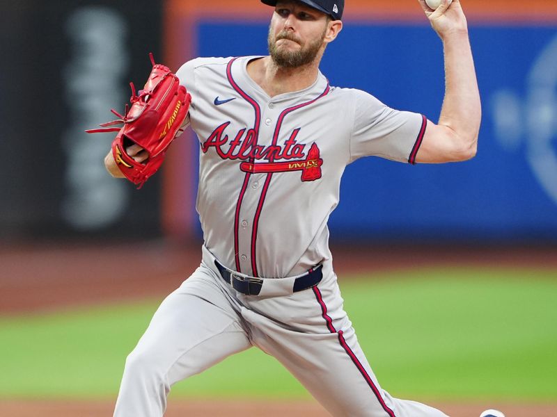 Jul 25, 2024; New York City, New York, USA; Atlanta Braves pitcher Chris Sale (51) delivers a pitch against the New York Mets during the first inning at Citi Field. Mandatory Credit: Gregory Fisher-USA TODAY Sports