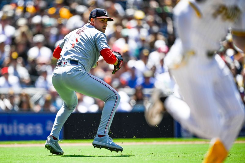 Jun 25, 2025; San Diego, California, USA; Washington Nationals starting pitcher MacKenzie Gore (1) throws out San Diego Padres second baseman Jose Iglesias (7) at first base during the seventh inning at Petco Park. Mandatory Credit: Denis Poroy-Imagn Images