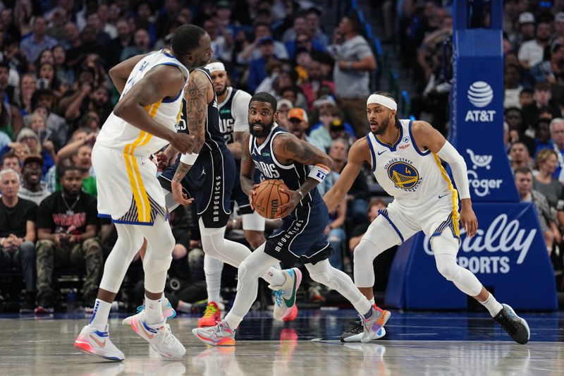 DALLAS, TX - APRIL 5: Kyrie Irving #11 of the Dallas Mavericks handles the ball during the game against the Golden State Warriors on April 5, 2024 at the American Airlines Center in Dallas, Texas. NOTE TO USER: User expressly acknowledges and agrees that, by downloading and or using this photograph, User is consenting to the terms and conditions of the Getty Images License Agreement. Mandatory Copyright Notice: Copyright 2024 NBAE (Photo by Glenn James/NBAE via Getty Images)