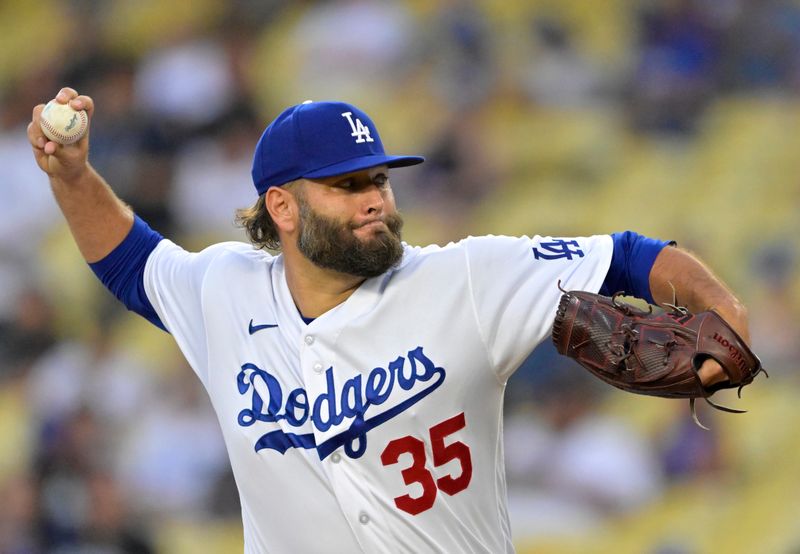 Aug 17, 2023; Los Angeles, California, USA;  Los Angeles Dodgers starting pitcher Lance Lynn (35) throws to the plate in the first inning against the Milwaukee Brewers at Dodger Stadium. Mandatory Credit: Jayne Kamin-Oncea-USA TODAY Sports