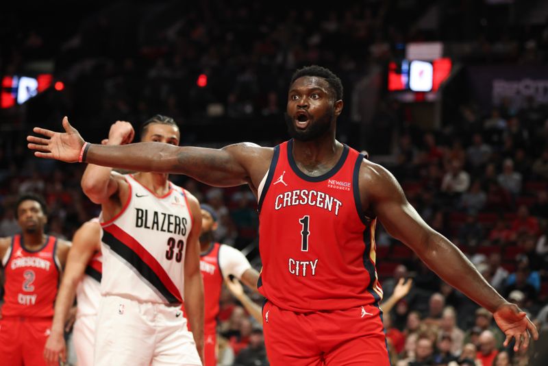 PORTLAND, OREGON - OCTOBER 27: Zion Williamson #1 of the New Orleans Pelicans reacts to a call during the second quarter against the Portland Trail Blazers at Moda Center on October 27, 2024 in Portland, Oregon. NOTE TO USER: User expressly acknowledges and agrees that, by downloading and or using this photograph, User is consenting to the terms and conditions of the Getty Images License Agreement.?<p><br/></p> (Photo by Amanda Loman/Getty Images)