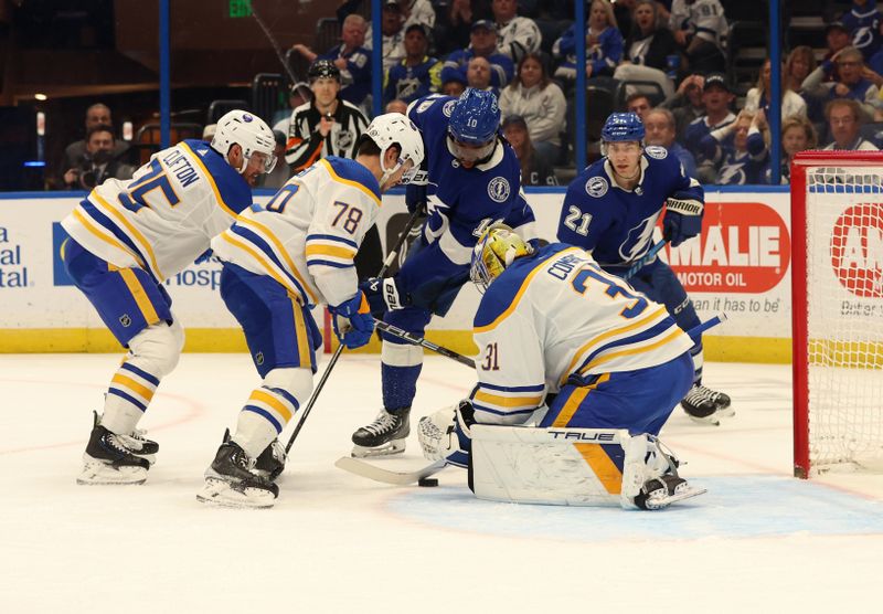 Apr 15, 2024; Tampa, Florida, USA;  Tampa Bay Lightning left wing Anthony Duclair (10) shoots as Buffalo Sabres goaltender Eric Comrie (31) defends during the first period at Amalie Arena. Mandatory Credit: Kim Klement Neitzel-USA TODAY Sports