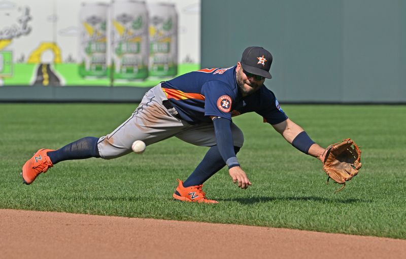 Sep 17, 2023; Kansas City, Missouri, USA; Houston Astros second baseman Jose Altuve (27) makes a diving play on a ground ball in the eighth inning against the Kansas City Royals at Kauffman Stadium. Mandatory Credit: Peter Aiken-USA TODAY Sports