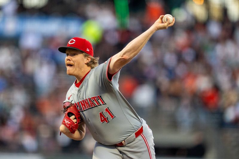 May 10, 2024; San Francisco, California, USA; Cincinnati Reds starting pitcher Andrew Abbott (41) delivers a pitch against the San Francisco Giants during the first inning at Oracle Park. Mandatory Credit: Neville E. Guard-USA TODAY Sports